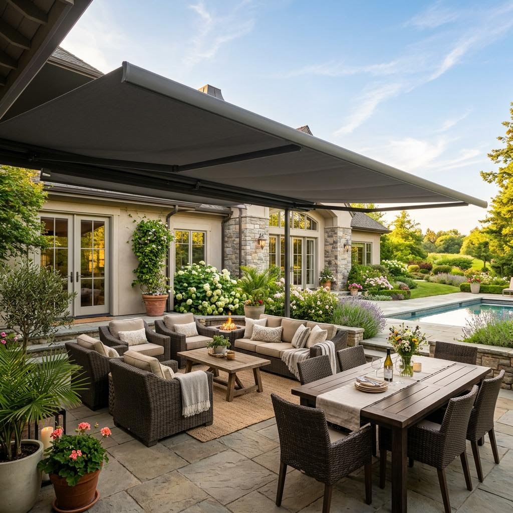 Retractable awning over outdoor patio