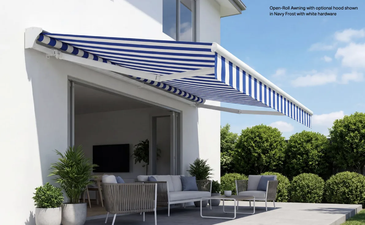 Open roller retractable awning on modern home exterior