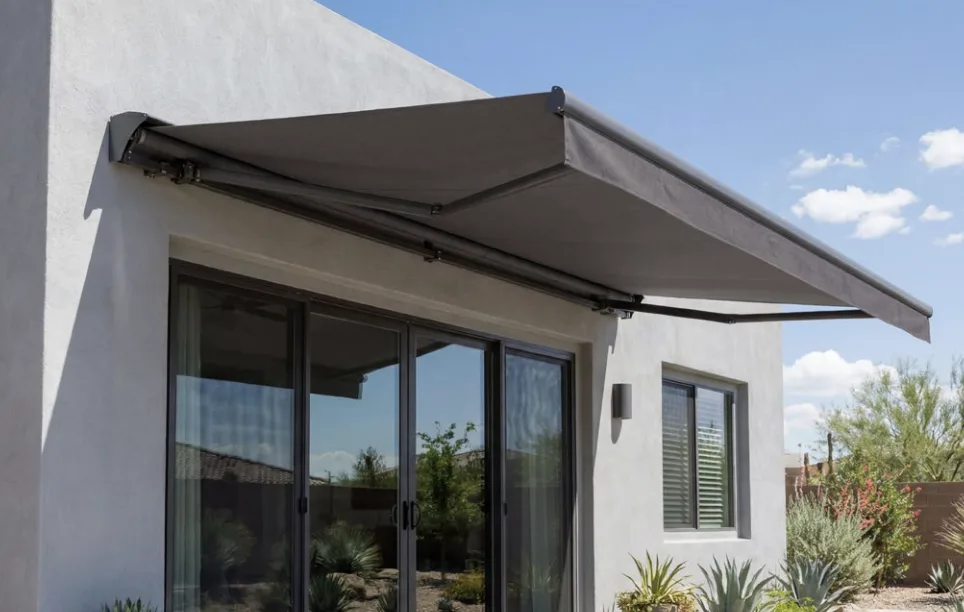 Semi cassette retractable awning on modern home exterior